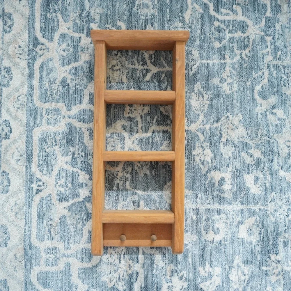 Vintage Rustic Wood Ladder Wall Shelf with Pegs Farmhouse Display Rack Brown